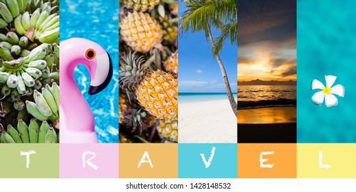 Collage strand zomer in abstracte stijl. Mockup, ruimte voor tekst. Prachtig strand. Tropische vakantieachtergrond met bananen, opblaasbare flamingo, ananassen, palm, zonsondergang, tropische plumeriabloem