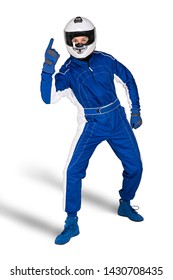 青白のモーター スポーツの全体的な靴手袋一体型安全クラッシュ ヘルメットと白の背景に勝利の指で決定されたレース ドライバー. カーレース オートバイ ゲーム スポーツ コンセプト。