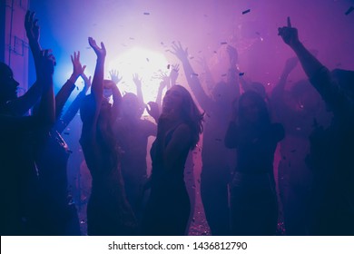 Nice attractive stylish cheerful cheery positive carefree guys ladies having fun hanging out best summer year student festive in new cool bar modern place indoors