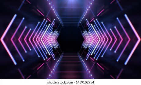 Khái niệm Công nghệ tương lai trừu tượng. Neon Hexagon Tunnel nền hiện đại. Vạch phát sáng tia cực tím huỳnh quang.