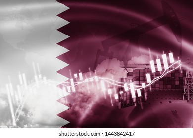 カタールの国旗、株式市場、為替経済と貿易、石油生産、輸出入業務および物流におけるコンテナ船。