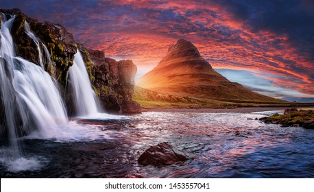 Imagen escénica de Islandia. Increíble paisaje natural durante la puesta de sol. Gran vista sobre el famoso Monte Kirkjufell con un cielo colorido y espectacular. plase popular para los fotógrafos. Los mejores lugares de viaje famosos.