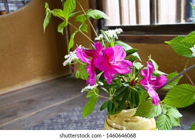 Ikebana.a Japanese traditional floral arrangement.old Japanese house that is a historical building."Meijimura", the sacred place of the anime "kimetsu no yaiba"