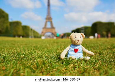 Teddybeer zittend op het gras in de buurt van de Eiffeltoren in Parijs Frankrijk