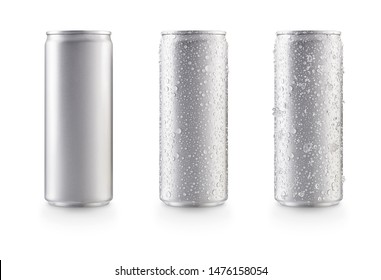 Latas delgadas de aluminio en plata aisladas en fondo blanco, enlatadas con gotas de agua, enlatadas con gotas de agua y hielo