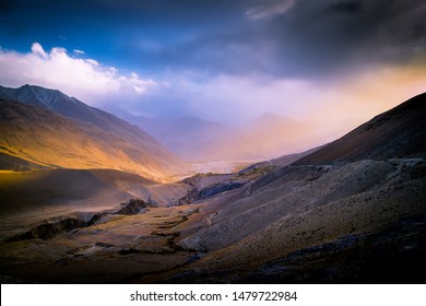 Last Rays Of Magic. Colorful, spectacular sunset over the Pamir mountains in Wakhan corridor. Badakhshan Province.