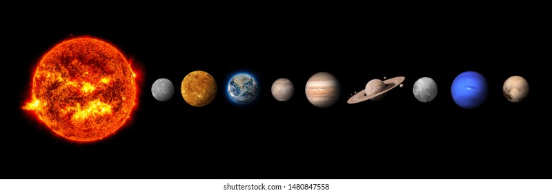 El sistema solar está formado por el Sol, Mercurio, Venus, la Tierra, Marte, Júpiter, Saturno, Urano, Neptuno y Plutón. Elementos de esta imagen proporcionados por la NASA