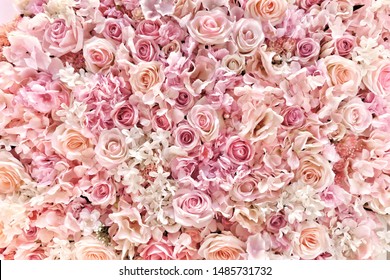 Schöne Sommerblumen als Hintergrund. Blühende zarte Rosen auf festlichem Hintergrund der blühenden Blumen, Pastell- und weiche Blumenstraußblumenkarte.