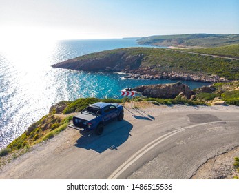 Drone view blue pick up on the road in turkey 