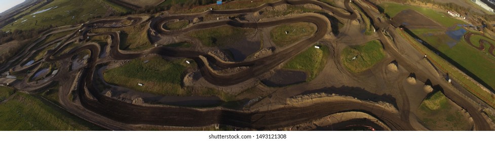 A drone panoramic shot of a motocross dirt bike track in Preston, UK. Shot on a DJI Phantom. The shot shows the twists and turns, along with tabletops and whoops.