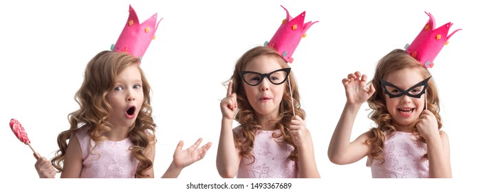 Beautiful little candy princess girl in crown bat mask, on fake glasses, with lollipop, halloween costume concept