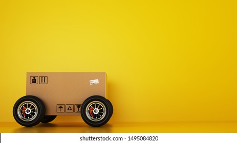 黄色の背景に車のようなレーシング ホイールが付いた段ボール箱。道路による高速配送