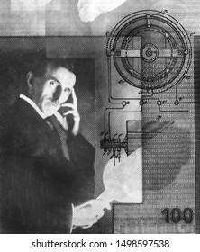 Retrato de Nikola Tesla en el primer plano del billete de 100 dinares de Serbia. imagen en blanco y negro