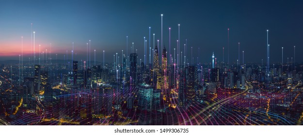 La ciudad inteligente y el punto de punto abstracto se conectan con la línea de gradiente y la estética Diseño de línea de onda intrincado, concepto de tecnología de conexión de big data.