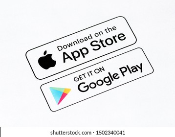 Vetor de Badges Google Play store, Apple App store, different languages.  Download app buttons in English, German, French, Portuguese, Spanish,  Russian version. Isolated vector illustration. do Stock