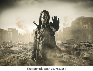 Người đàn ông đeo mặt nạ phòng độc nói hãy dừng sự hủy diệt trên thế giới. , đăng Apocalypse