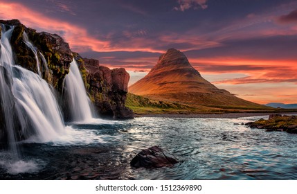 Incredible Nature landscape of Iceland. Fantastic picturesque sunset over Majestic Kirkjufell mountain and waterfalls. Church mountain, Iceland. Iceland the most beautiful and best travel place.