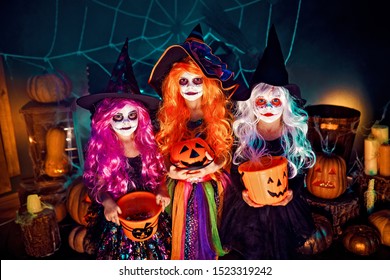 Three Beautiful girls in a witch costume. Funny sisters celebrate the holiday. Jolly children in carnival costumes ready for Halloween in halloween decorations