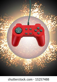 Een rode gamecontroller geïsoleerd over een exploderende planeetachtergrond. Dit bestand bevat het knippad voor de controller.