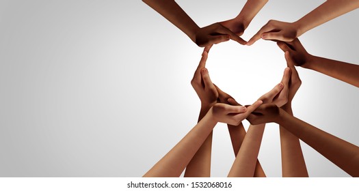 Einheit und Vielfalt Partnerschaft als Herzhände in einer Gruppe verschiedener Menschen, die miteinander verbunden sind, geformt als Unterstützungssymbol, das das Gefühl von Teamarbeit und Zusammengehörigkeit ausdrückt.