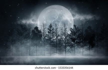 Dunkler Wald. Düstere dunkle Szene mit Bäumen, großem Mond, Mondlicht. Rauch, Schatten. Abstrakter dunkler, kalter Straßenhintergrund. Nachtsicht.