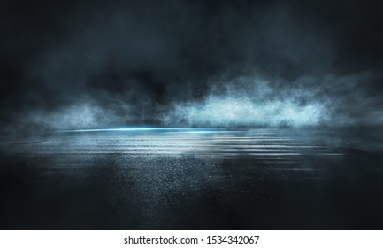 暗い通り、濡れたアスファルト、水の反射。抽象的な暗い青色の背景、煙、スモッグ。空の暗いシーン、ネオンの光、スポット ライト。コンクリートの床