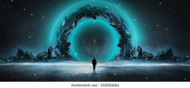 Fondo abstracto de neón futurista moderno. Objeto grande en el centro, fondo espacial. Escena oscura con luz de neón. Reflexión de la luz sobre una superficie mojada.