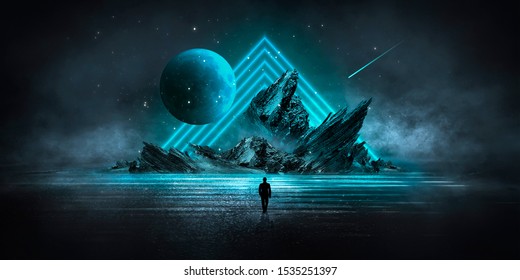 Moderner abstrakter Hintergrund des futuristischen Neons. Großes Objekt in der Mitte, Raumhintergrund. Dunkle Szene mit Neonlicht. Lichtreflexion auf nasser Oberfläche.