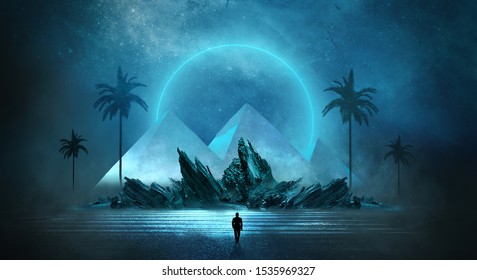Paisaje nocturno futurista con paisaje abstracto e isla, luz de luna, brillo. Escena natural oscura con reflejo de luz en el agua, luz azul neón. Fondo de círculo de neón oscuro. pirámides