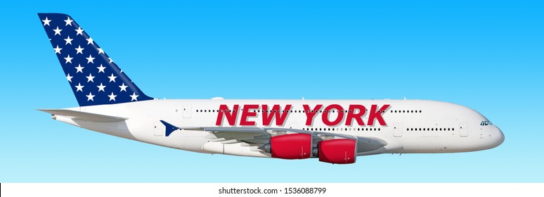 Modern airplane in USA flag colors with New York lettering on aircraft body flying isolated on blue sky background aerial ultra wide banner side view of plane. Air travel world city destination flight
