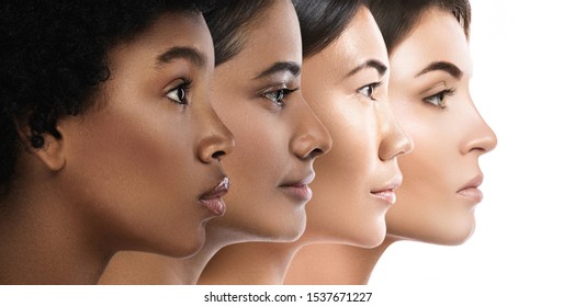 Multiethnische Schönheit. Frauen unterschiedlicher ethnischer Zugehörigkeit - Kaukasier, Afrikaner, Asiaten und Inder.