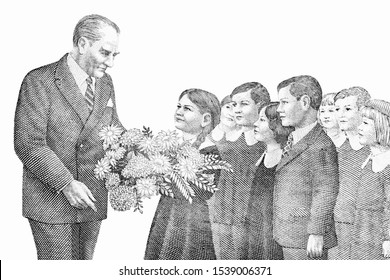 Kinder überreichen Präsident Kamel Atatürk mit Blumen. Porträt von türkischen Banknoten