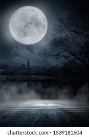 Dark forest. Gloomy dark scene with trees, big moon, moonlight. Smoke, shadow. Abstract dark, cold street background. Night view.