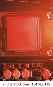 The central processor on the computer motherboard in red colors.