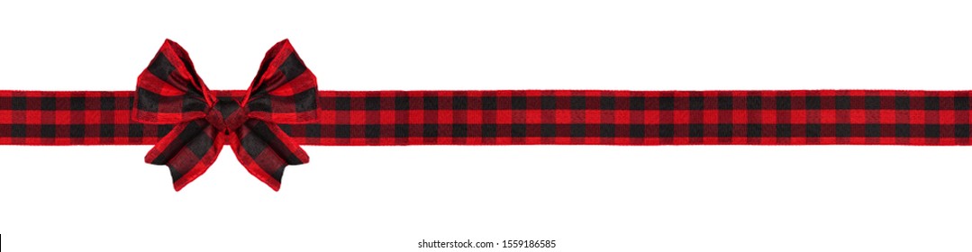Red and black buffalo plaid Christmas gift bow and ribbon. Long border isolated on a white background.