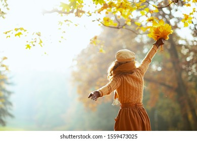 Hola otoño. Vista desde atrás de una joven despreocupada con suéter, falda, sombrero, guantes y bufanda con hojas amarillas con los brazos levantados regocijándose al aire libre en el parque de otoño.