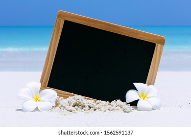 Pizarra vacía en una playa de arena decorada con flores de plumeria blancas, concepto de viaje y tarjeta de spa aromático con espacio libre para su texto