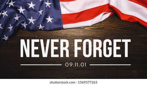 Día del Patriota 11 de septiembre 9/11 Bandera de EE. UU. - Bandera de Estados Unidos o bandera americana, memorial del 911 y fondo o fondo de letras Never Forget