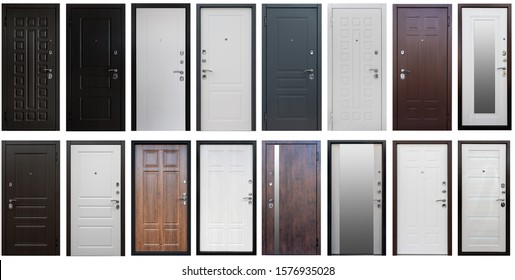 Puerta aislada en diferentes colores y tiradores metálicos. Blanco, gris, negro, marrón, con espejo. se abre a la izquierda, a la derecha. Conjunto de puertas metálicas de entrada.
