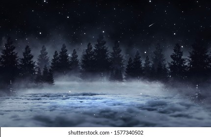 暗い抽象的な冬の森の背景。木の床、雪、霧。月明かりのある森の暗い夜の背景。夜景、魔法