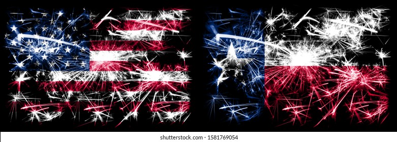 Stany Zjednoczone Ameryki kontra Teksas. Obchody Nowego Roku, błyszczące fajerwerki na tle flag. Połączenie dwóch flag stanów USA.