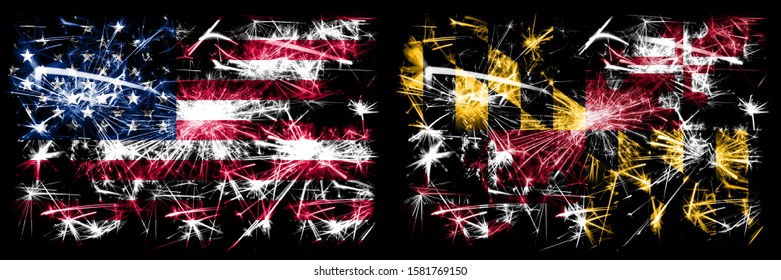 Stany Zjednoczone Ameryki kontra Maryland. Obchody Nowego Roku, błyszczące fajerwerki na tle flag. Połączenie dwóch flag stanów USA.