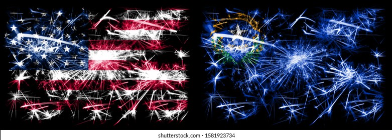Stany Zjednoczone Ameryki kontra Nevada. Obchody Nowego Roku, błyszczące fajerwerki na tle flag. Połączenie dwóch flag stanów USA.