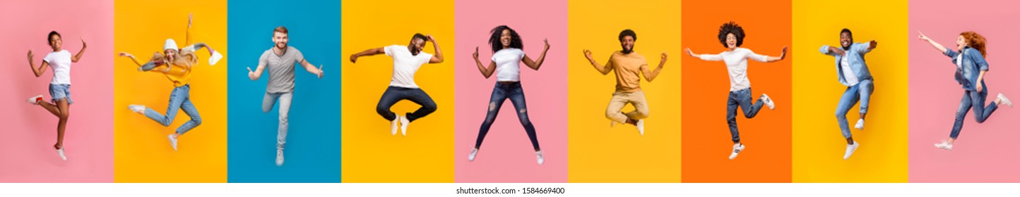 Collage van vrolijke multiraciale jongeren die over kleurrijke achtergronden springen, panorama