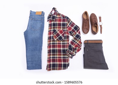 Men's clothes with accessories on white background
