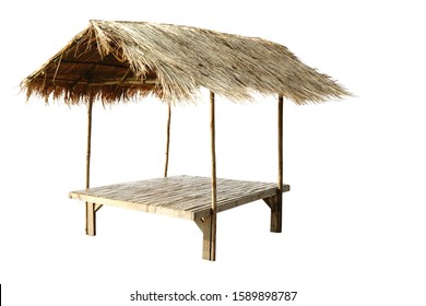 Cabaña con techo de paja de bambú y la huella cilíndrica en un fondo separado sobre un fondo blanco.