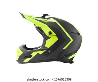 Side view of full face color helmet for downhill mountain bike racing. Extreme sport equipment isolated on white background