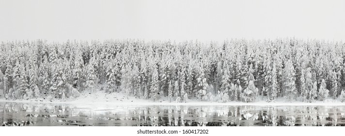 Nördliche Winterlandschaft. Panorama des Waldes mit Reflexion im Fluss