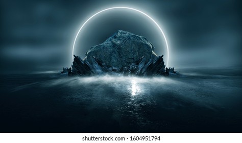 抽象的な風景と島、月明かり、輝きを持つ未来的な夜の風景。水に光が反射する暗い自然のシーン、ネオンブルーの光。暗いネオン サークルの背景。