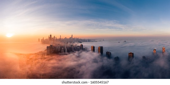 Chicago sunrise foggy panorama from Lincoln Park